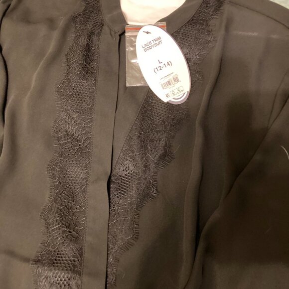 NWT, SZ L, Chiffon w/ Eyelash Lace Trim Bodysuit, Black - Picture 2 of 5